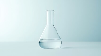 Clear liquid in laboratory flask on flat surface