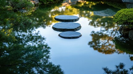 Stepping Stones in Serene Garden Pond Reflecting Trees Peaceful Zen Environment Harmony Nature Relaxation Mindfulness Well-being Tranquility Balance Meditation Journey Spirituality