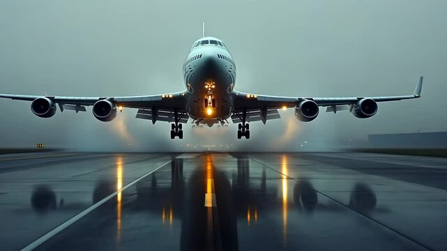 Big commercial plane serving domestic flight as seen from above. Huge aircraft landing on a runway with a cityscape behind. High quality 4k footage