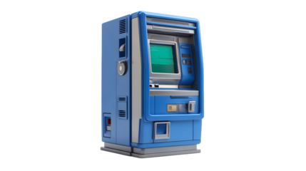 A blue ATM machine, showcasing a modern design with a digital screen and card slot.
