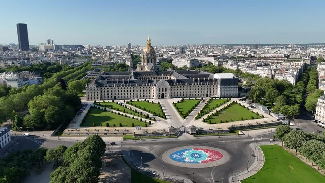 Des Invalides Museum At Paris Ile De France France. Birds Eye View Of Medieval Building In Famous District Of City. Town Clouds Sky Backgrounds Urban. Exterior Backgrounds Panoramic.