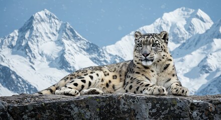 Fototapeta premium Majestic Snow Leopard Resting on Rock with Snow-Capped Mountains
