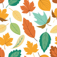 Soft Colored Autumn Foliage Seamless Design on White.