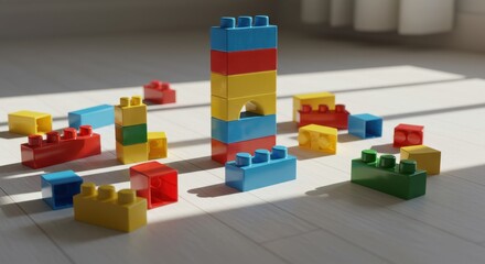 Obraz premium Colorful Toy Blocks Tower on Wooden Floor Symbolizing Creative Play Learning and Development in Early Childhood Fun and Educational Activities