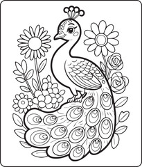 Fototapeta premium Beautiful peacock coloring page for kids, black line art vector illustration for children activity book design