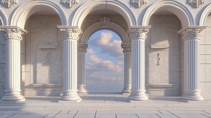 Obraz premium Old Roman arch made from white clay with fancy designs. A 3D picture shows Greek stone pillars like doors or windows in a temple. It's an old-style, classic building entrance. 