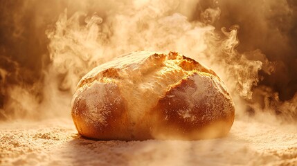 Freshly Baked 3D Loaf of Bread with Steam Rising and Flour Dust