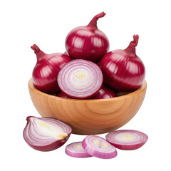 Red Onions in Wooden Bowl Isolated on Transparent Background
