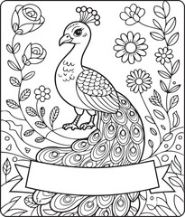 Fototapeta premium Beautiful peacock sitting on tree branch coloring page for kids, black line art vector illustration for children activity book design