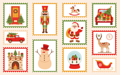 Christmas mail stamps set. Christmas postage stamps. Christmas stickers on envelopes with Christmas illustrations.