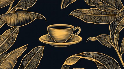 Golden coffee cup amidst tropical leaves
