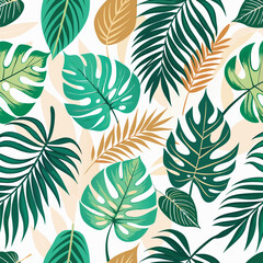 Tropical Greenery Seamless Design with Monstera and Palm Leaves.