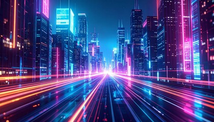 Fototapeta premium Smart city under cyber attack concept with glowing data breach trails, cyberpunk style.