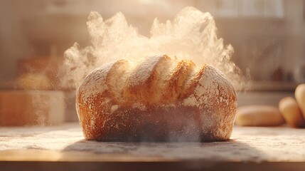 Freshly Baked 3D Loaf of Bread with Steam Rising in Warm Kitchen