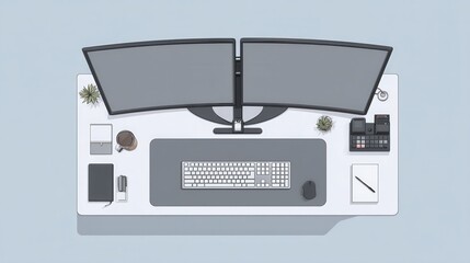 Modern Workspace with Dual Monitors and Office Supplies