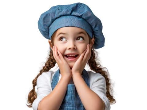 Aspiring Young Chef: A cheerful young child, adorned in a chef's hat and apron, beams with pure joy and anticipation. She gazes upwards in a moment of whimsical inspiration.