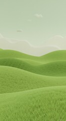 Serene Green Hills: 3D Render, Soft Lighting, Gentle Slopes