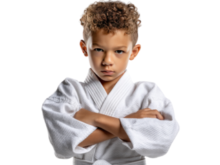 Young Judoka in Gi: A determined young boy, his arms crossed, stares intensely at the camera, dressed in a pristine white Judo gi.  His focused expression conveys strength, discipline.