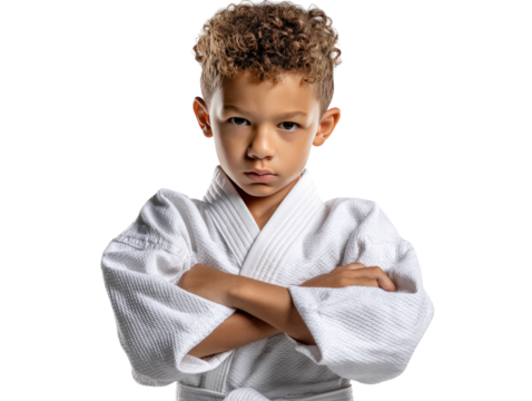 Young Judoka in Gi: A determined young boy, his arms crossed, stares intensely at the camera, dressed in a pristine white Judo gi.  His focused expression conveys strength, discipline.