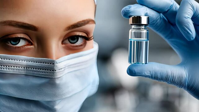 Medical professional holds a vaccine vial in a clinical setting while wearing protective gear during a health initiative