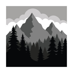 Pine Forest Landscape Silhouette with Mountains