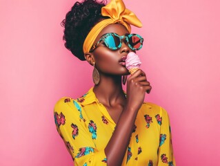 African American Woman in Sunglasses Enjoys Pink Ice Cream Treat