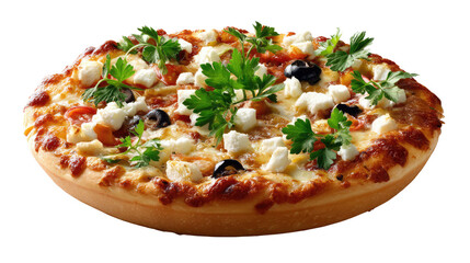 Savory Pizza Delight: An appetizing close-up view of a freshly baked pizza, adorned with vibrant toppings and herbs, promising a burst of flavor and texture.