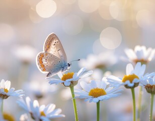 A delicate butterfly gently rests on a daisy flower amidst a soft, dreamy meadow. The butterfly's wings shimmer in the sunlight, a true marvel of nature.