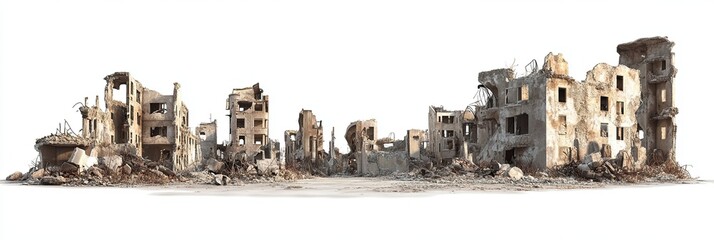 Obraz premium Panorama of ruined urban buildings with brick walls and debris isolated on white background