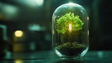 Tree Sprout in Glass Dome Future Sustainability Hope Concept Light Sci-Fi Innovation Futuristic Environment Earth Preservation