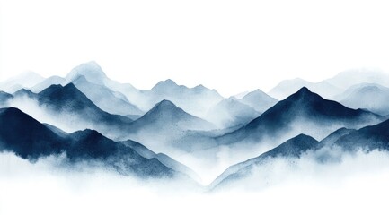 Misty mountain range, painted in shades of blue and white, evoking a sense of tranquility.  Layered peaks, soft gradients, and hazy atmosphere