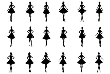 Faceless shadow art  woman in a short A-line dress and heels, soft and graceful posture, Vector art icon set shows silhouettes of women, a design illustration