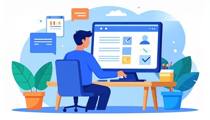 Man Working On Computer Checking List