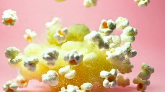Popcorn flies up and falls down. On a pink background. Filmed on a high-speed camera at 1000 fps. High quality FullHD footage