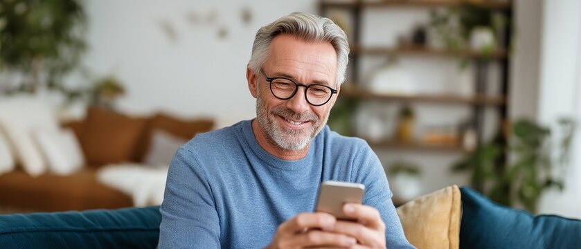 Elderly man using a smartphone while resting in the living room.
