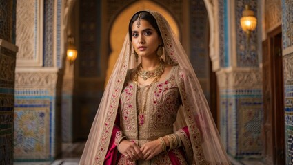 Obraz premium Elegant Bride in Luxury Oriental Wedding Dress with Gold Embroidery in Royal Palace Interior