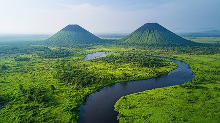Two volcanic cones overlooking a meandering river through lush vegetation.