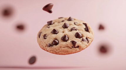 3D Chocolate Chip Cookie Floating on Soft Pink Background