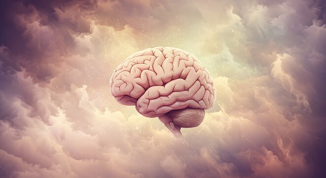 Floating brain over clouds