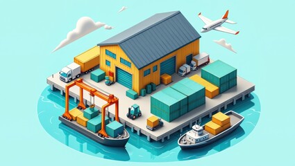 Fototapeta premium Colorful isometric shipping port with cargo containers, ships, and warehouse