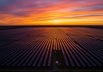Aerial view of solar farm at sunset