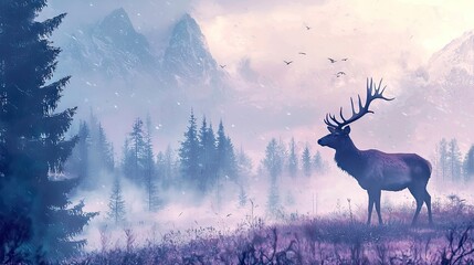 Misty mountain landscape with deer in winter scene.