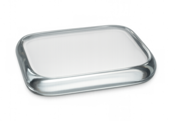 Empty rectangular glass plate with rounded corners on transparent background