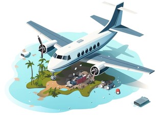 Abandoned Aircraft on Deserted Island Surrounded by Sea and Debris