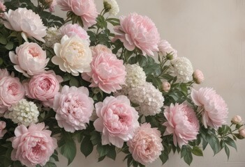 Fototapeta premium Muted pastel vintage floral wall, delicate pink roses, peonies, hydrangeas, peonies, artificial