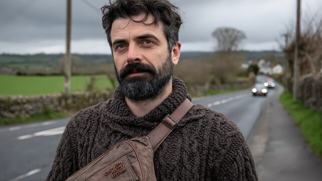 Irish Man in Thick Sweater and Messenger Bag Standing on Roadway in Rural Countryside