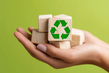 Hand Holding Wooden Blocks With Recycle Symbol On Light Green Background