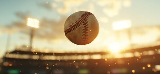 Sunset Baseball Game: A Stunning Image of a Baseball Soaring Through the Air During Golden Hour at a Stadium
