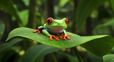 Vibrant Red-Eyed Tree Frog on Lush Green Leaf