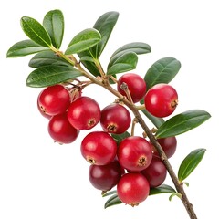 Close up of ripe lingonberries and evergreen leaves on a branch